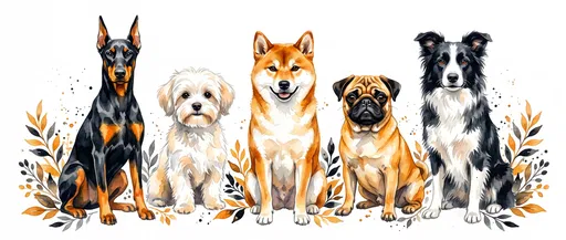 Watercolor Banner of Five Sitting Dog Breeds