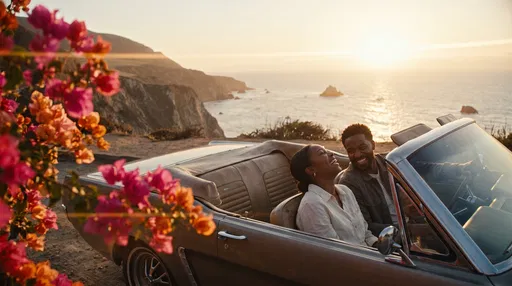 Couple Laughing in Convertible at Coastal Sunset