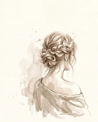 Sepia Watercolor Illustration of Woman with Braided Updo