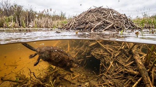 Split View of Muskrat Diving to Lodge