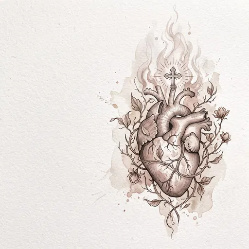 Sepia Watercolor Sacred Heart Tattoo Design