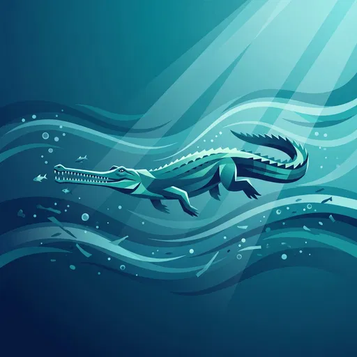 Geometric Gharial Crocodile Swimming Underwater
