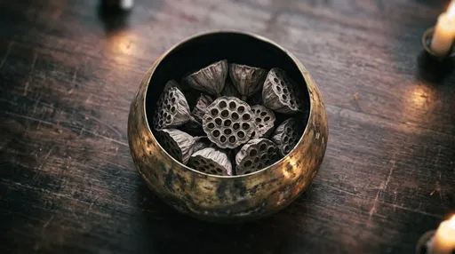 Dried Lotus Pods in Brass Bowl