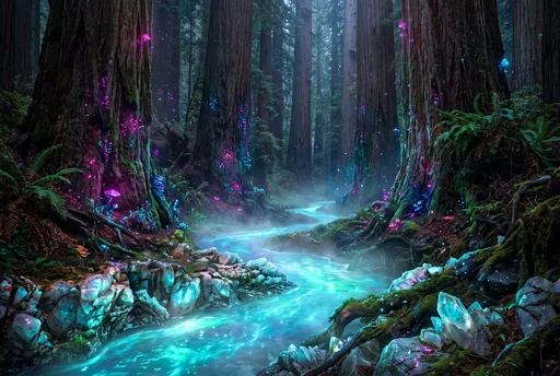 Glowing Turquoise Stream in Bioluminescent Redwood Forest