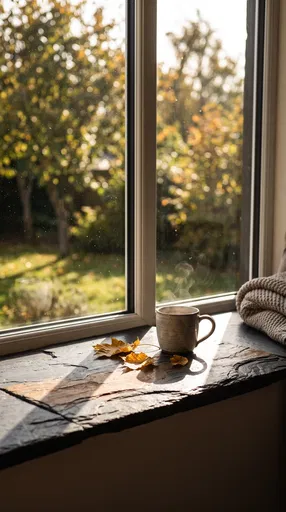 Steaming Mug on Sunny Autumn Windowsill
