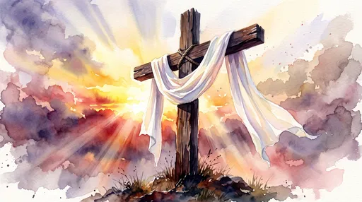 Watercolor Wooden Cross with Drape at Sunrise