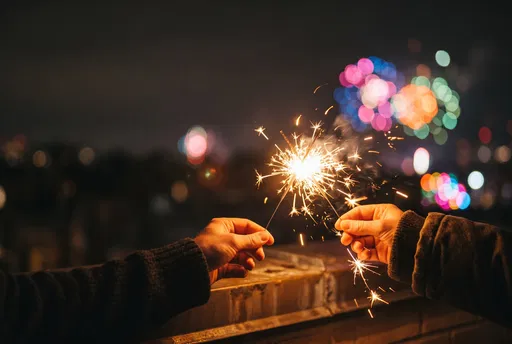 Hands Holding Lit Sparklers at Night