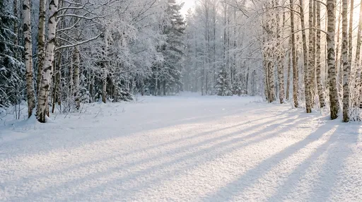 Sunlit Snowy Birch Forest Clearing