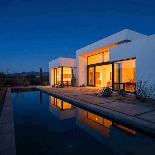 Modern White Desert House at Blue Hour