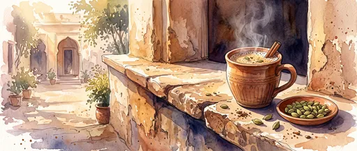 Watercolor Masala Chai on Courtyard Ledge