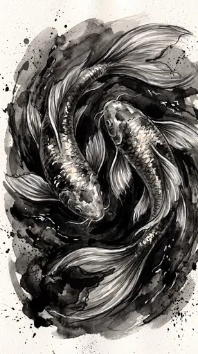 Black Ink Watercolor Drawing of Two Koi