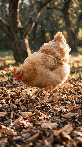 Buff Hen Scratching in Autumn Leaves