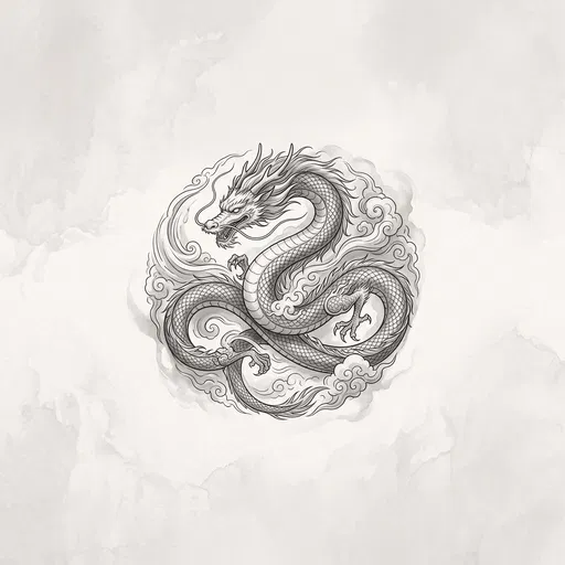 Monochrome Ink Coiled Cloud Dragon Emblem