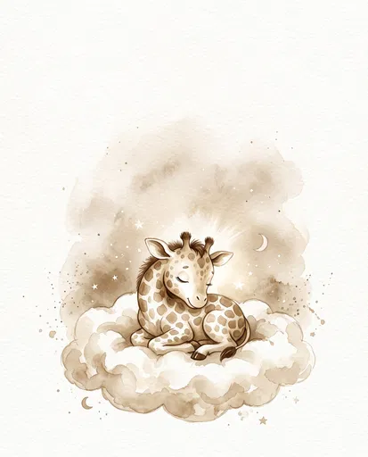 Sepia Watercolor Baby Giraffe Sleeping on Cloud
