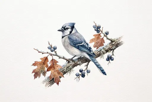 Watercolor Blue Jay on Frosted Branch