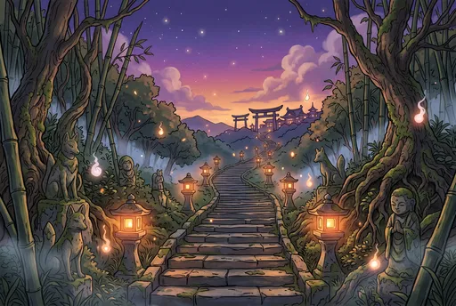 Mystical Anime Shrine Stairway at Twilight