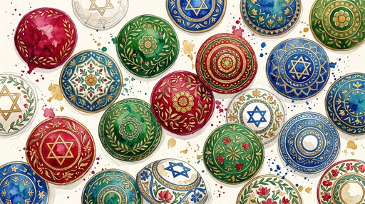 Watercolor Illustration of Colorful Patterned Kippot