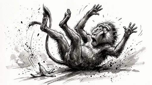 Baboon Slipping on Banana Peel Illustration