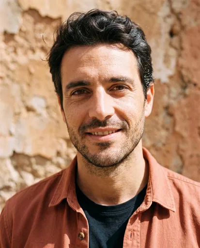 Smiling Man in Terracotta Shirt Outdoors