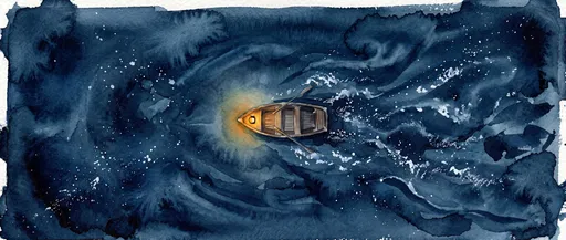 Watercolor Rowboat on Dark Ocean