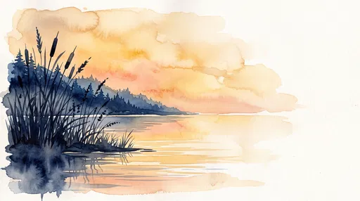 Watercolor Sunset Lakeside With Indigo Reeds