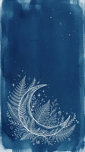 Cyanotype Crescent Moon and Fern Illustration