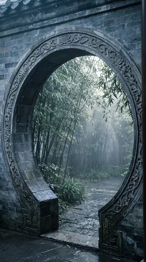 Misty Chinese Moon Gate and Bamboo