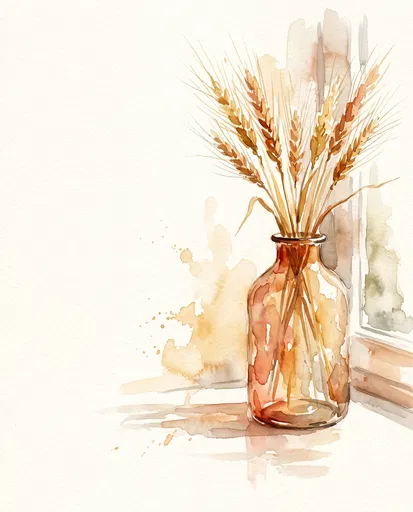 Watercolor Amber Vase With Dried Wheat