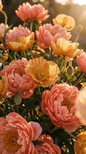 Coral Peonies and Golden Poppies in Sunlight