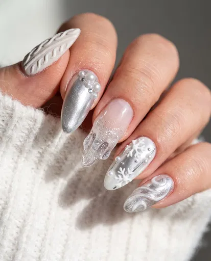 White and Silver Winter Nail Art