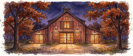 Watercolor Illustration of Autumn Barn Home