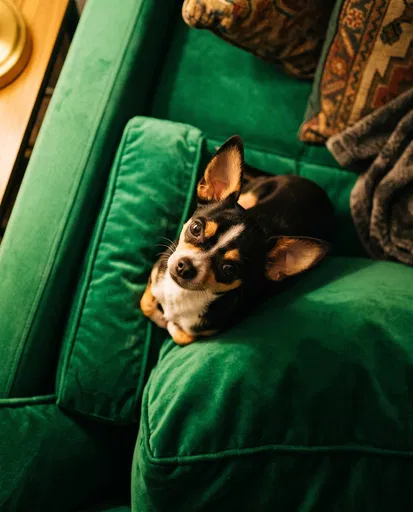 Tricolor Chihuahua on Emerald Velvet Sofa