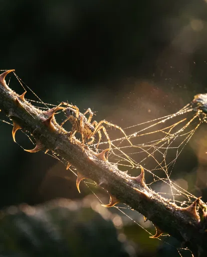 Backlit Spider on Thorny Stem