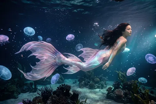 Mermaid Swimming With Glowing Jellyfish Underwater