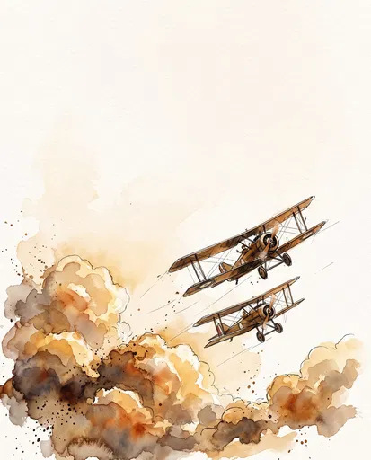 Watercolor Illustration of Two Vintage Biplanes