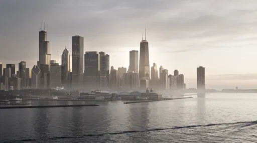 Misty Morning Chicago Skyline Over Lake