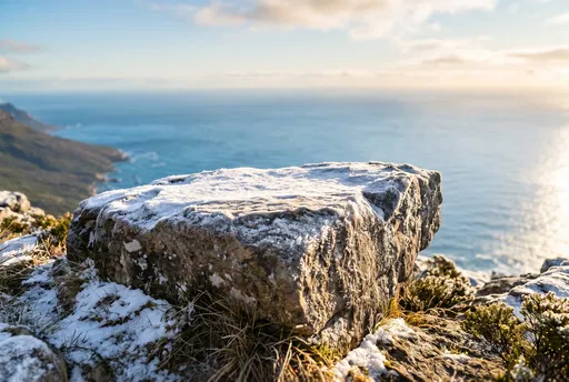 Snow Dusted Boulder Overlooking Ocean Coast
