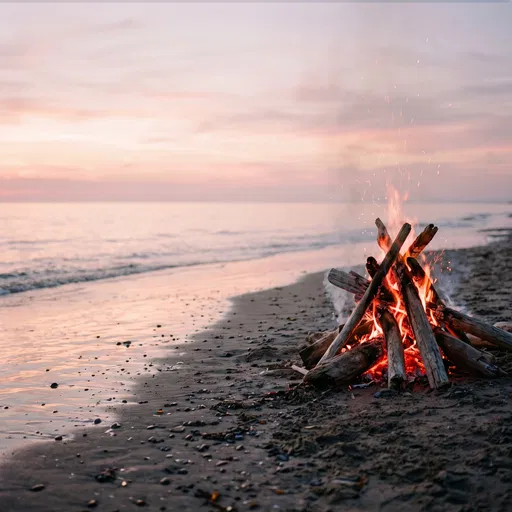 Driftwood Bonfire on Beach at Sunset