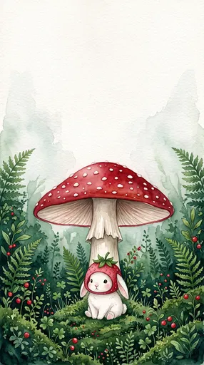 Watercolor Bunny Under Giant Red Toadstool