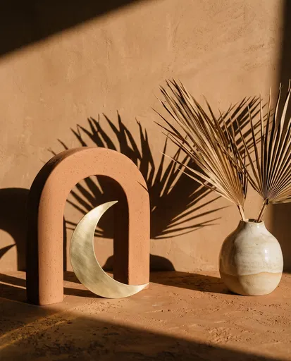 Terracotta Arch and Brass Crescent Still Life