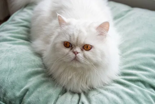 Fluffy White Persian Cat on Mint Cushion