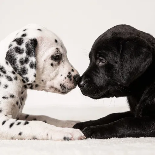 Dalmatian and Labrador Puppies Touching Noses