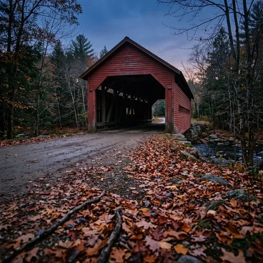 Red Covered Bridge at Autumn Twilight