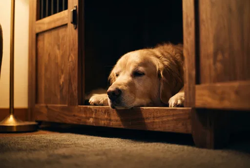 Golden Retriever Resting in Wooden Crate