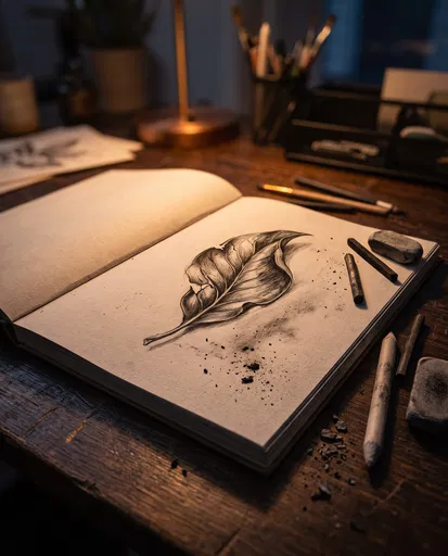 Charcoal Leaf Drawing in Open Sketchbook