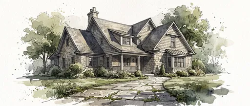 Watercolor Illustration of Stone Suburban House