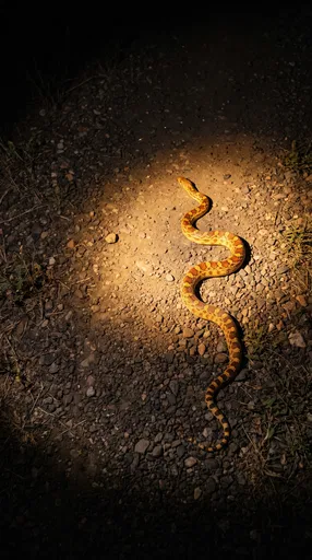 Snake Illuminated on Gravel Road at Night