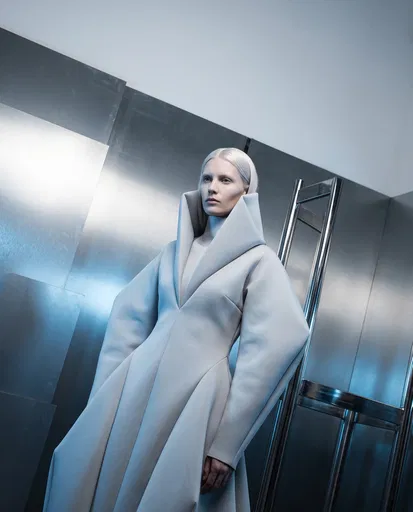 Futuristic Model in Structured Grey Gown