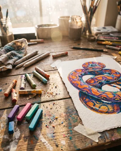 Colorful Pastel Snake Drawing on Artist Table