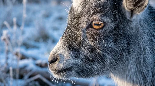 Close-Up of Frosty Silver Goat in Winter